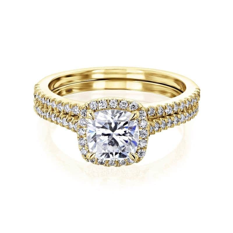 Annello by Kobelli 14k Gold Cushion Forever One Moissanite Floating Halo Bridal Set (DEF/VS, GH/I) - Yellow - 10.5