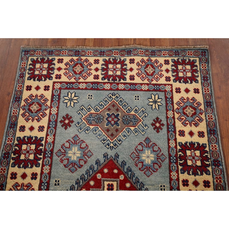 Light Blue Geometric Kazak Accent Rug Hand-Knotted Wool Carpet - 2'7" x 4'3"