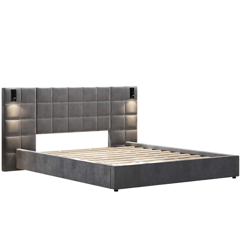 Christopher Knight Home Modern Upholstered Velvet Platform Bedframe & Headboard with Lamps and USB Ports, Grey
