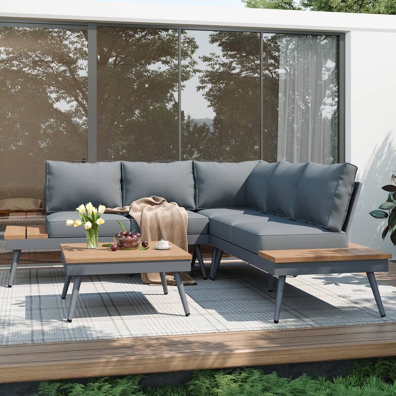 Roomfitters 4-Piece Outdoor Aluminum Patio Sofa Set with V-Shaped Sectional and Coffee Table, Gray