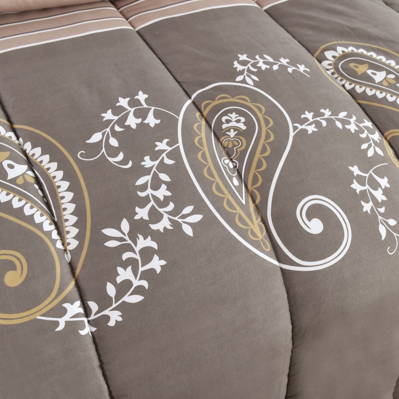 Bed in a Bag Soft Fluffy Goose Down Alternative Printed Comforter Set Includes Sheet Set, Taupe Floral Paisley Pattern