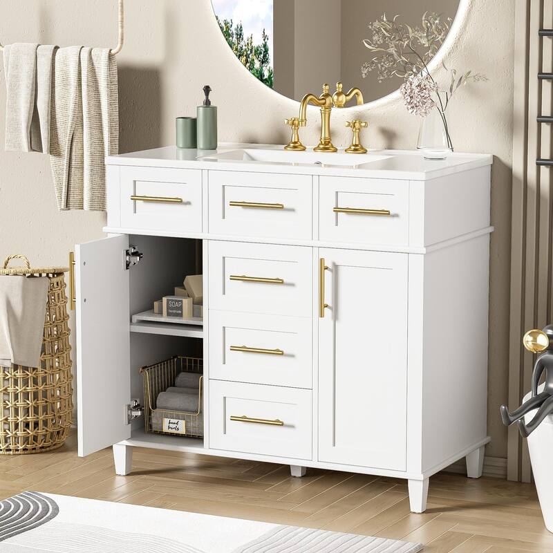 36" White Bathroom Vanity Cabinet with Ceramic Sink,Versatile Storage