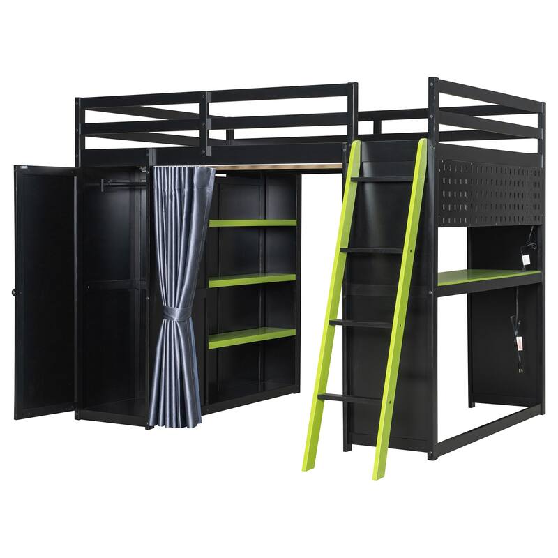 Full Size Wood Loft Bed with, Wardrobe, Shelves, Blackout Curtains, and RGB Lights