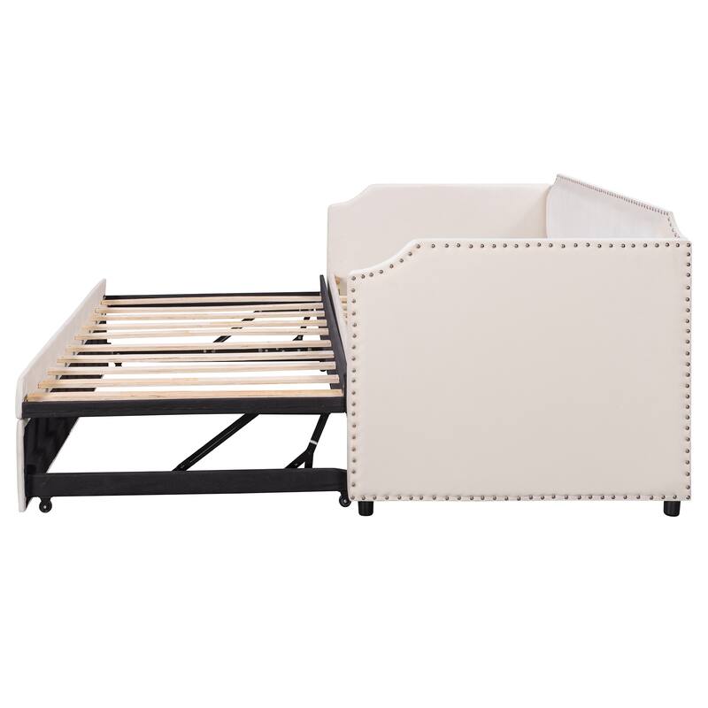 Upholstered Daybed Twin Size Daybed with Pull-Out Lift-Up Trundle and Nailhead Trim Armrest Velvet for Bedroom Apartment