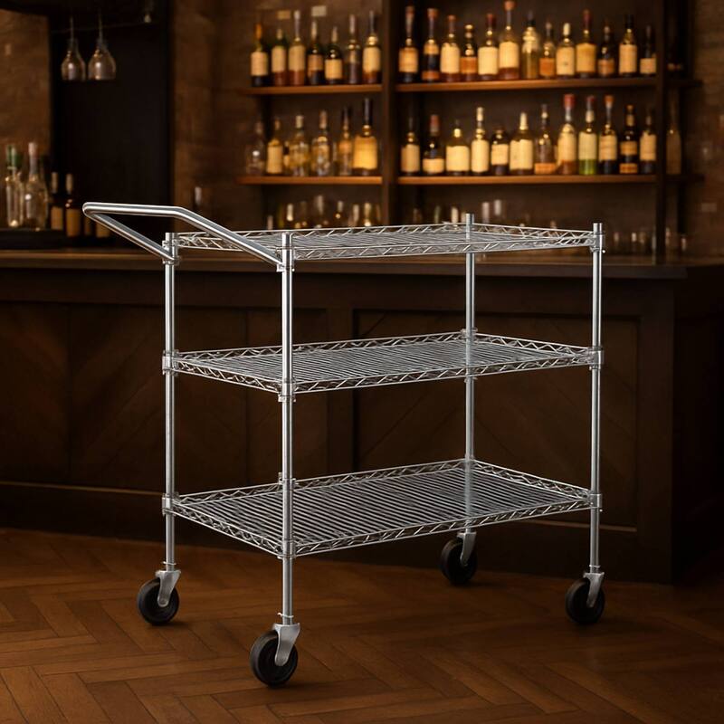 3 or 2-Tier Commercial Grade Rolling Service Kitchen Cart for Home and Office Use - N/A - Silver 3 Tier