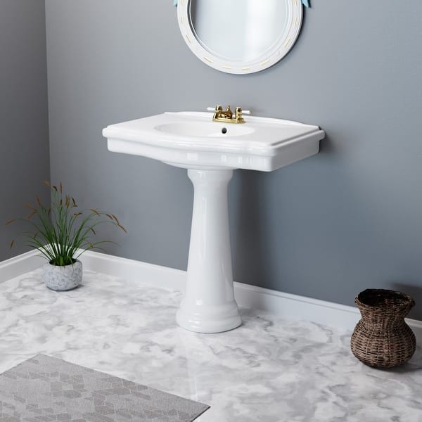 slide 2 of 16, White Pedestal Sink Darbyshire Porcelain 34" Sink with 4" Centerset Faucet Holes and Overflow Renovators Supply