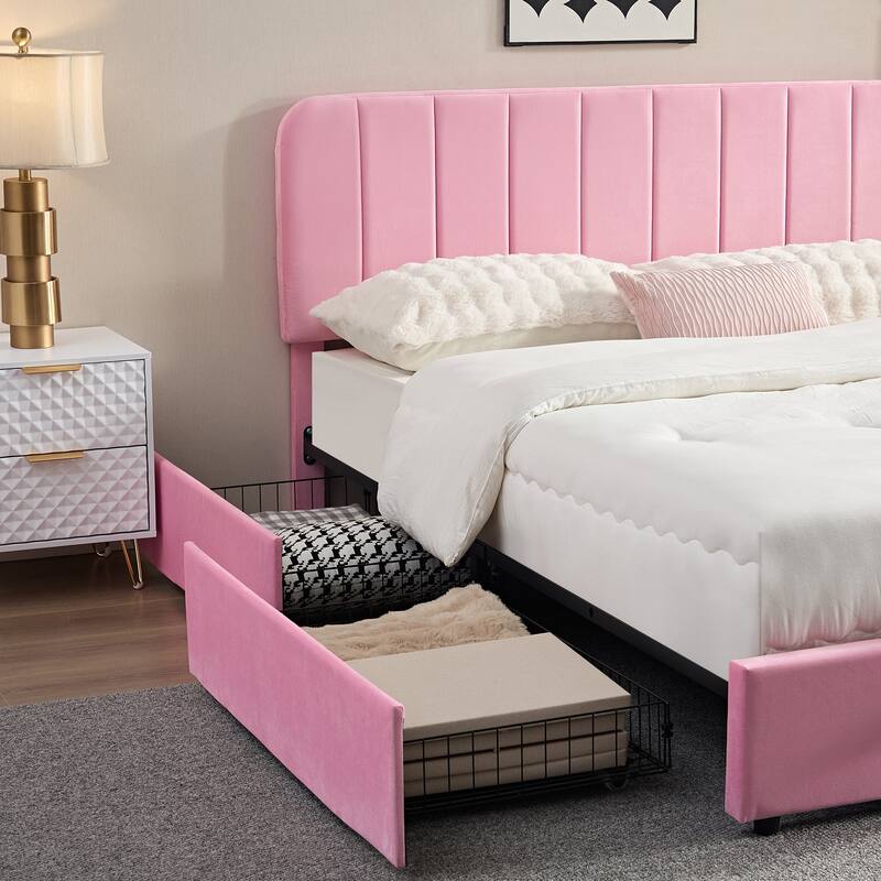 Pink Upholstered Platform Bed Frame with 4 Storage Drawers, Adjustable Velvet Rivets Headboard
