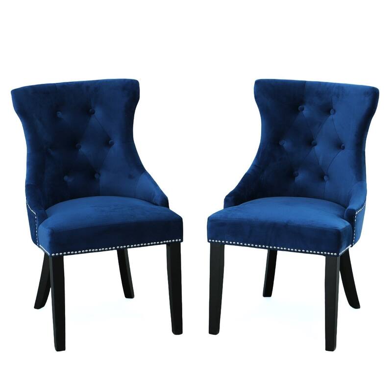 Tufted Back Upholstered Dining Chair with Tapered Legs - 35" - Navy Blue - Set of 2
