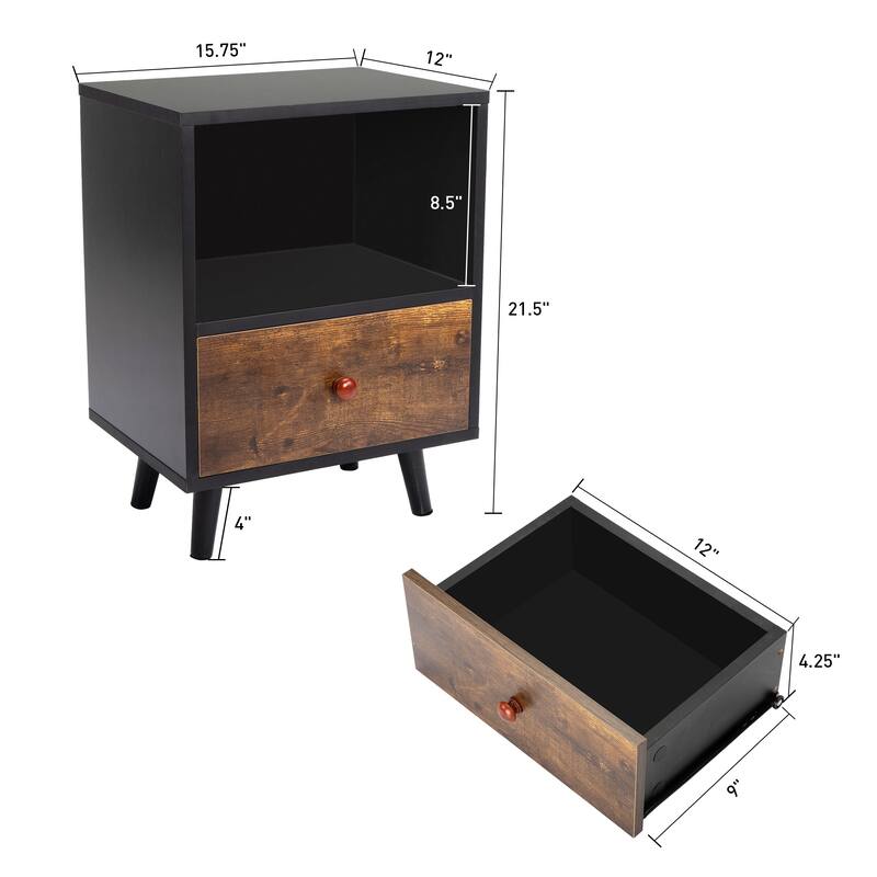 Set of 2 Bedside Cupboard End Table with Shelf 1 Drawer