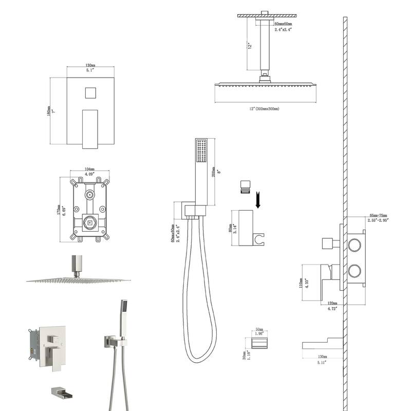 Ceiling Mount Shower with Waterfall Tub Spout and Hand Shower