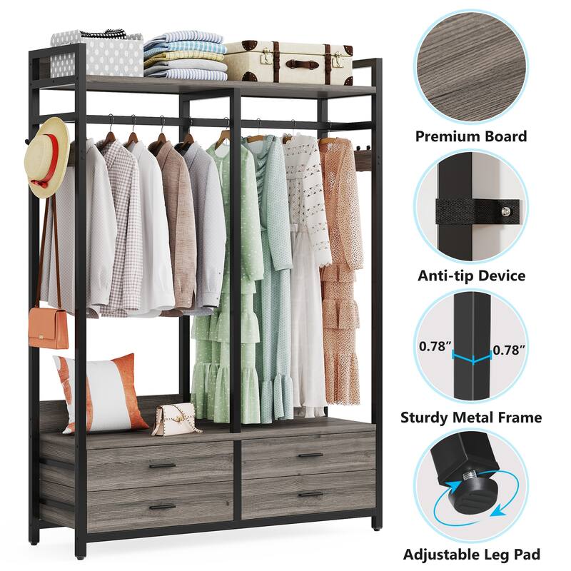 Freestanding Closet Organizer, 47-in Heavy Duty Garment Rack with Drawers and Hooks