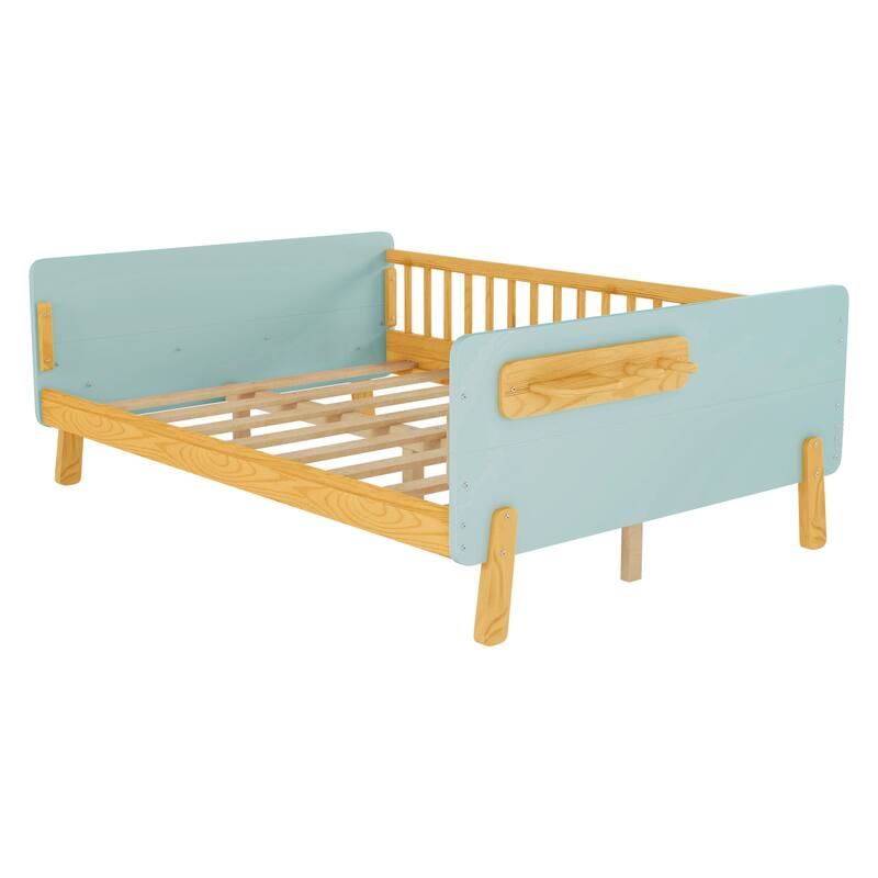 Kids Wood Platform Bed with Guardrails, Bottle Holder and 2 Hanging Rod, Convertible Toddler Daybed, Low Profile Design Frame