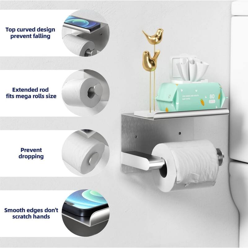 Stainless Steel Self-Adhesive Wall Mounted Toilet Paper Holder with Shelves for Bathroom, Kitchen, RV
