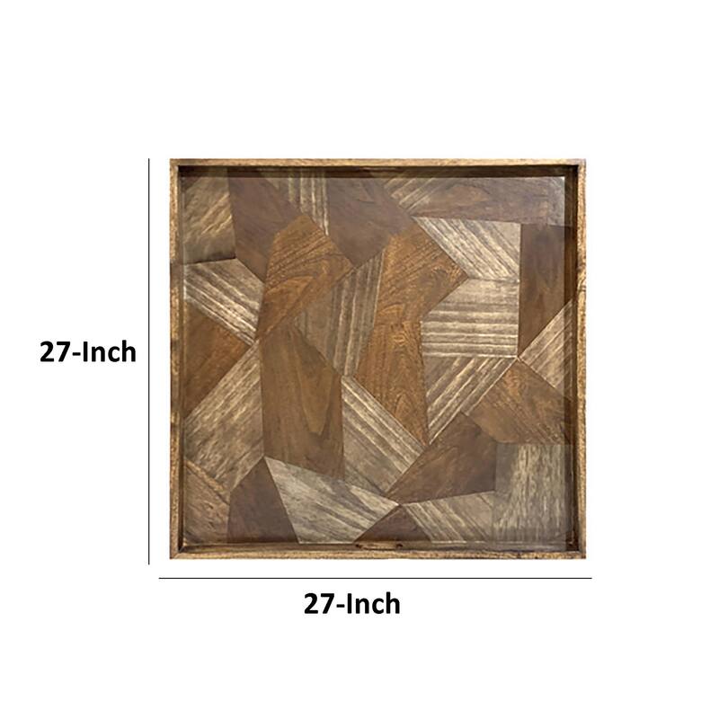 Hely Decorative Wood Tray, 27 Inch Square, Geometric Pattern, Brown Beige
