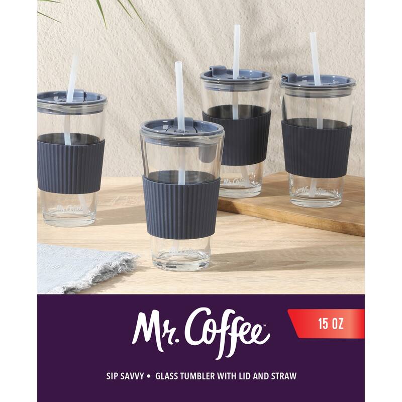 Mr. Coffee Sip Savvy 4-Pack 15oz Glass Tumblers with Lids and Straws - Reusable Iced Coffee Cups