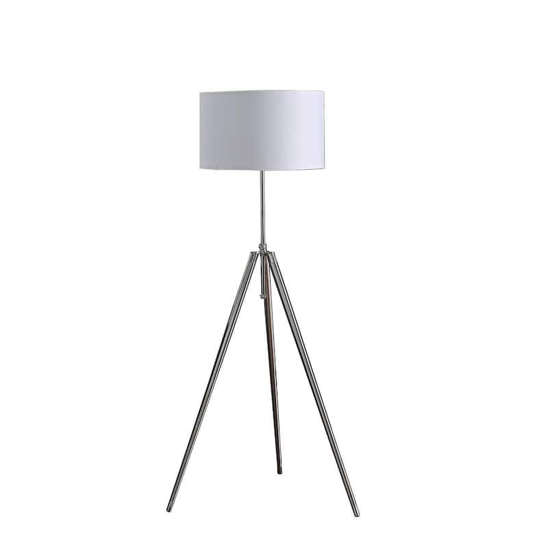 Silver Metal Adjustable Tripod Floor Lamp with White Fabric Shade In-Line Switch and Outlet - 25.5” x 25.5” x 64” (D x W x H) - Silver
