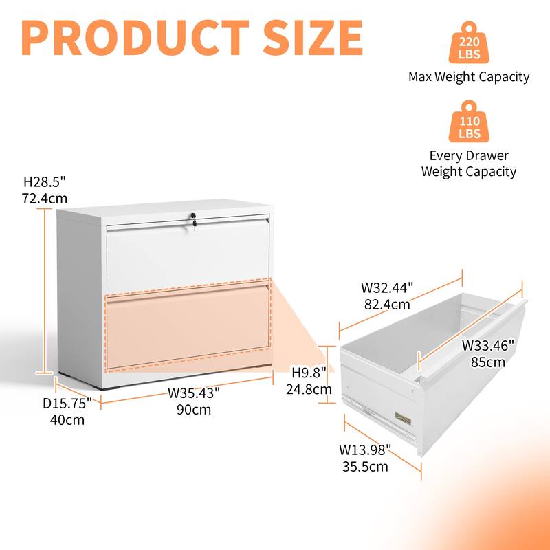 Modern Filing Cabinet, Lockable File Cabinet Lateral Filing Cabinet with 2 Drawers, for Home Office, White