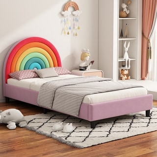 Rainbow Upholstered Twin Platform Kids Bed, Cute Princess Bed with Sturdy Wood Slats, No Box Spring Needed, Colorful & Pink