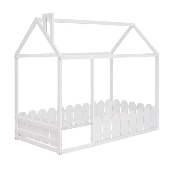 slide 2 of 62, Kids Wood Bed, House Bed Frame with Fence-Shaped Guardrails for Teens Girls Boys, Slats are not Included
