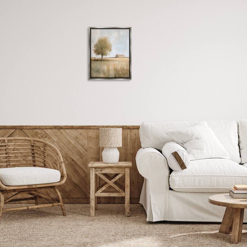 Stupell Distant Barn and Lone Tree Framed Floater Canvas Wall Art Design By Petal Prints Design