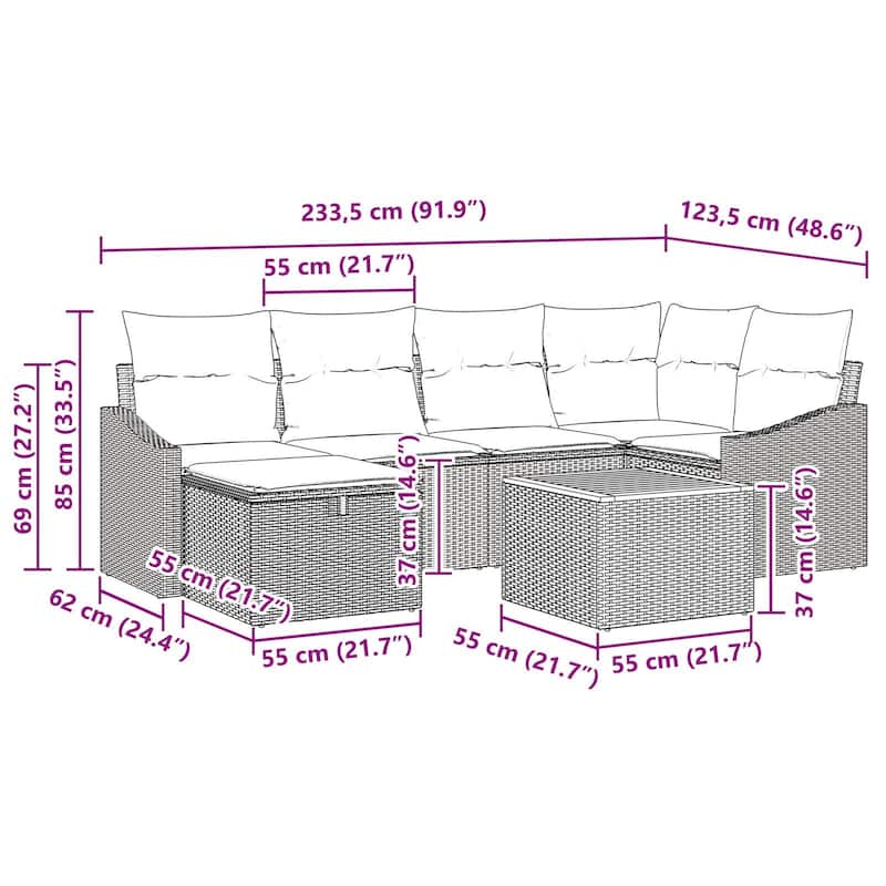 vidaXL 7 Garden Sofa Set with Cushions Black/Grey Poly Rattan - 91.9 x 48.6 x 27.2