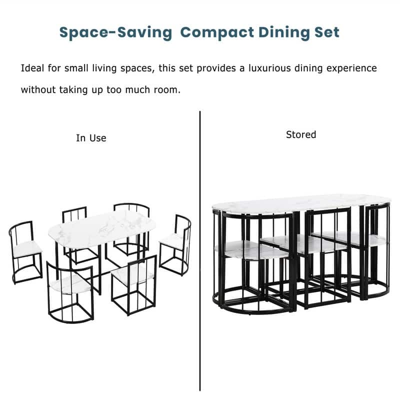 Mid-Century 7-Piece Dining Table Set for 6 People, Kitchen Dining Room Table Set with Faux Marble Dining Table and 6 Chairs