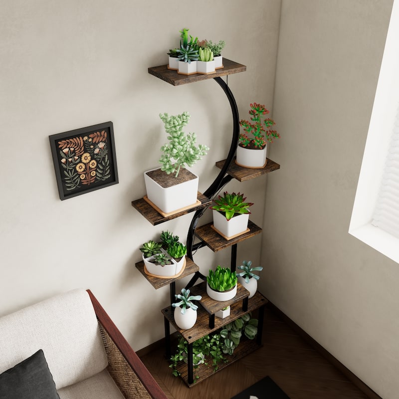 8-Tier Rustic Brown Plant Stand with Grow Lights Indoor Shelf Rack for Living Room Decor - 28.30”L x 10.20”W x 62”H