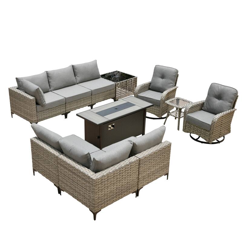 HOOOWOOO 11-piece Outdoor Patio Sofa Wicker Furniture Swivel Chair Set with 54" Fire Pit Table