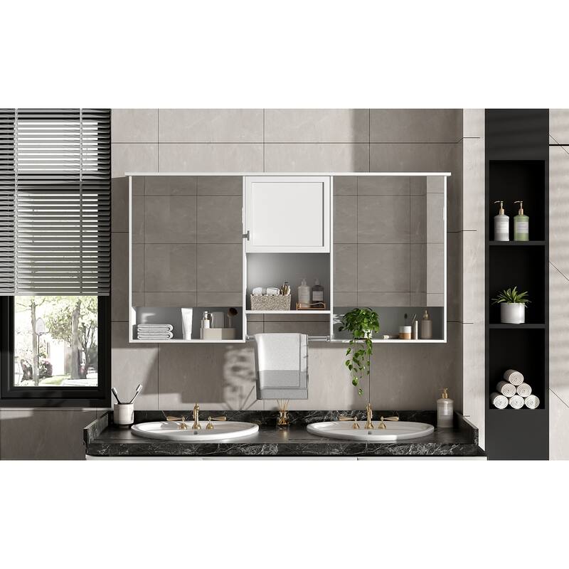 55" Wall-Mount 3-in-1 Mirror Cabinet with Adjustable Shelf, Soft-Closing Hinges, High-Quality MDF, for Bathroom Vanity