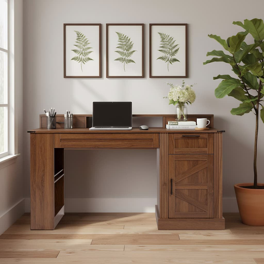 55" Barn Door Design Computer Writing Desk with Keyboard Tray Farmhouse Office Desk with Storage Cabinet & Charging Station,