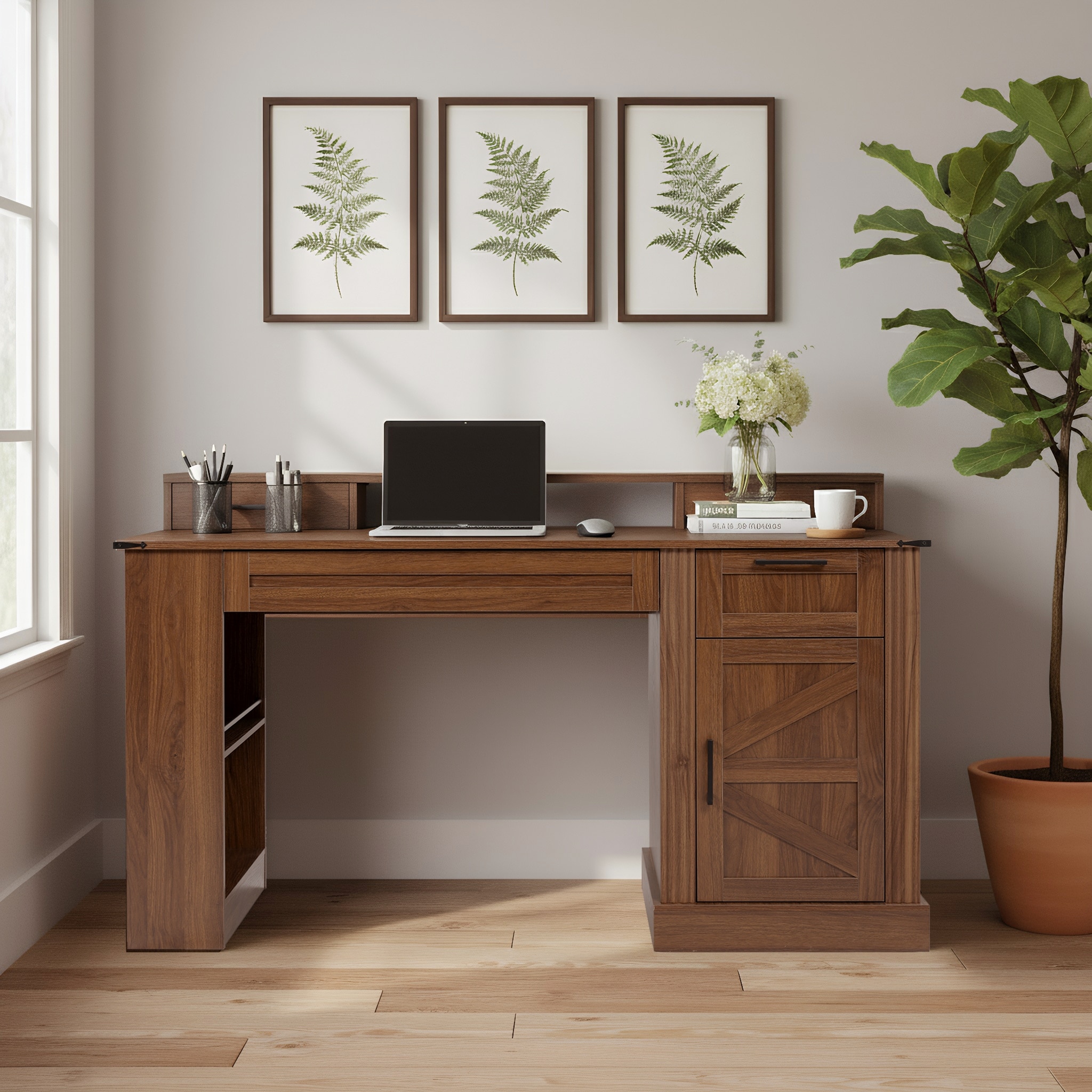 55" Farmhouse Office Desk Workstation with Storage Cabinet, Computer Writing Desk Table with Charging Station, Keyboard Tray