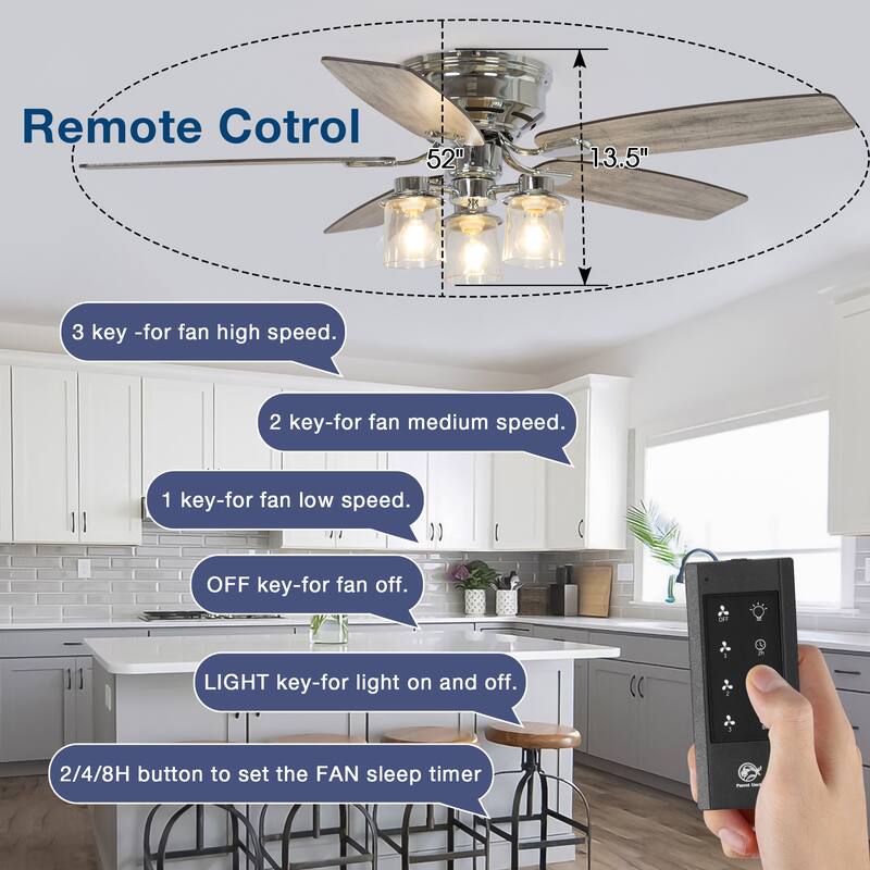 52" Modern Indoor Chrome Flush Mount Reversible Chandelier Ceiling Fan with Light and Remote