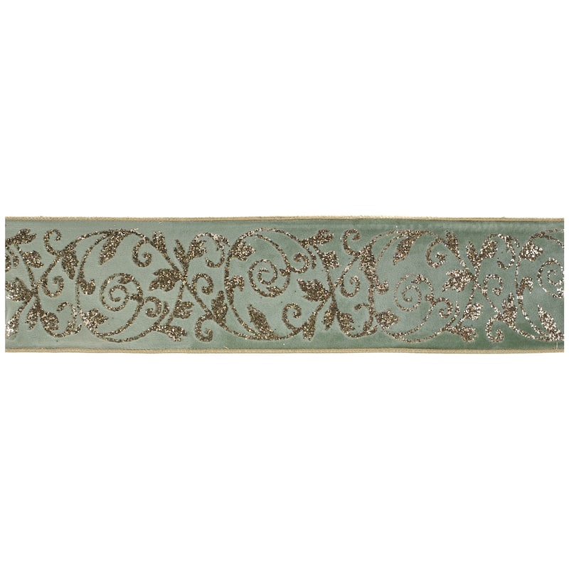 Green Glitter Wired Ribbon 4x5 Yards for Holiday Crafts and Wrapping - 180” x 4”x 0.25” - Green-Grey