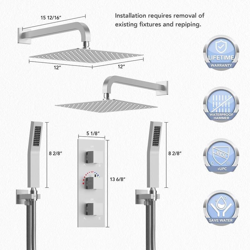 EVERSTEIN Dual Shower System 12" Rain Shower Head with High Pressure Handheld Sprays