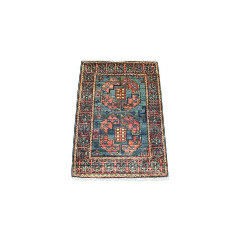 Shahbanu Rugs Teal Blue Turkeman Ersari with Elephant Feet Design Hand Knotted Natural Dyes Pure Wool Oriental Rug (2'0"x2'10")