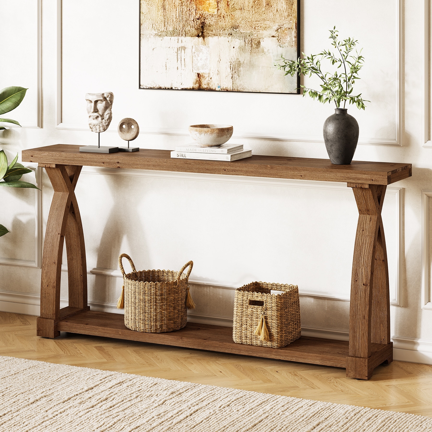 63-Inch Solid Wood Console Table for Entryway with 2-tier Storage
