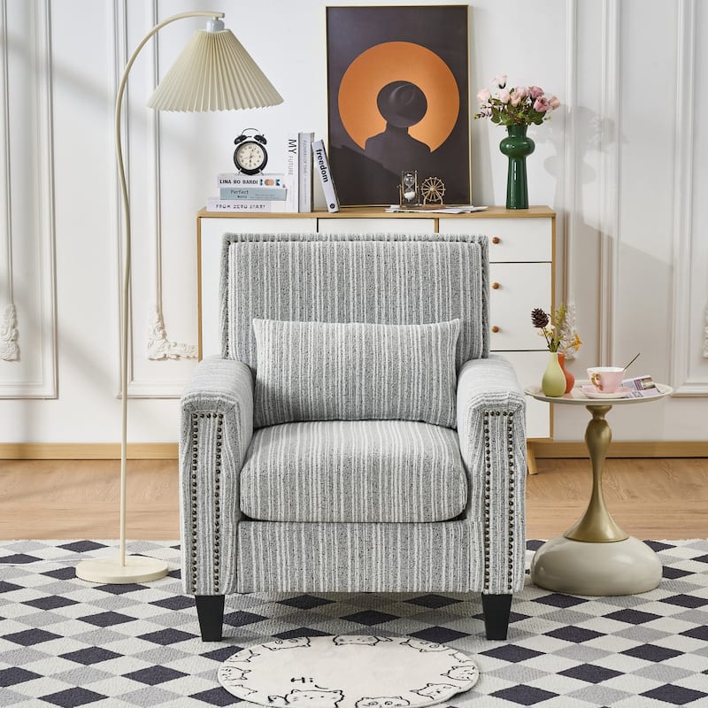 Modern Accent Chair with Arms,Comfy Upholstered Armchair for Living Room,Grey and White Striped Armchair with Nailhead Trim - Grey