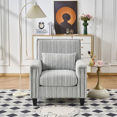 Modern Accent Chair with Arms,Comfy Upholstered Armchair for Living Room,Grey and White Striped Armchair with Nailhead Trim