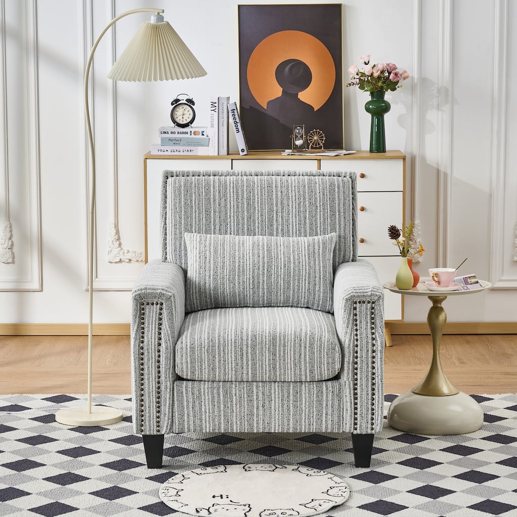 Modern Accent Chair with Arms,Comfy Upholstered Armchair for Living Room,Grey and White Striped Armchair with Nailhead Trim