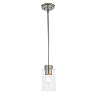 Warehouse of Tiffany Cameron Brushed Nickel 1-Light Metal Pendant Light with Clear Glass Cylinder Shade