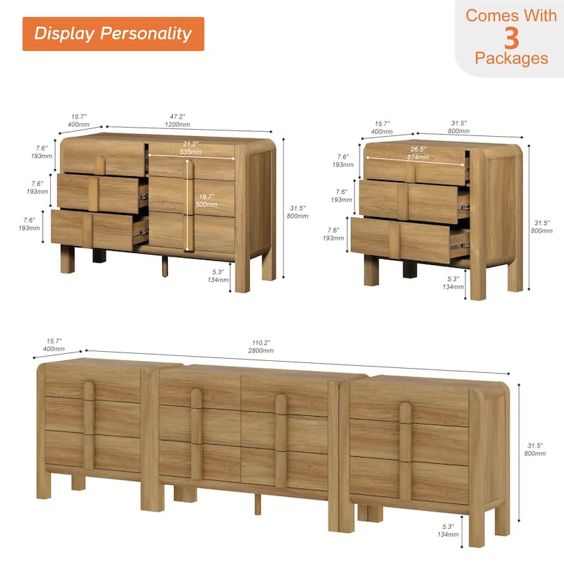 WAMPAT 3-Piece Dresser Set For Bedroom, 110.2" Large Mid Century Dresser For Closet, Curved Profile Wooden Chest Of Drawers
