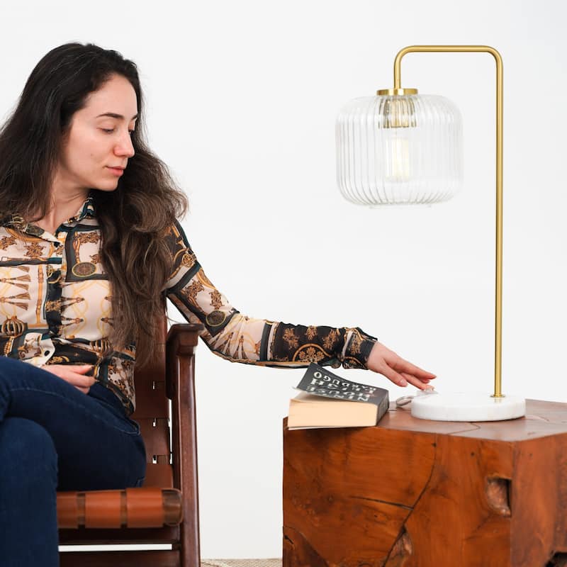 Haven Clear Glass Table Lamp with Gold Brush Metal and Marble Base, Button Control, 23-Inch Height