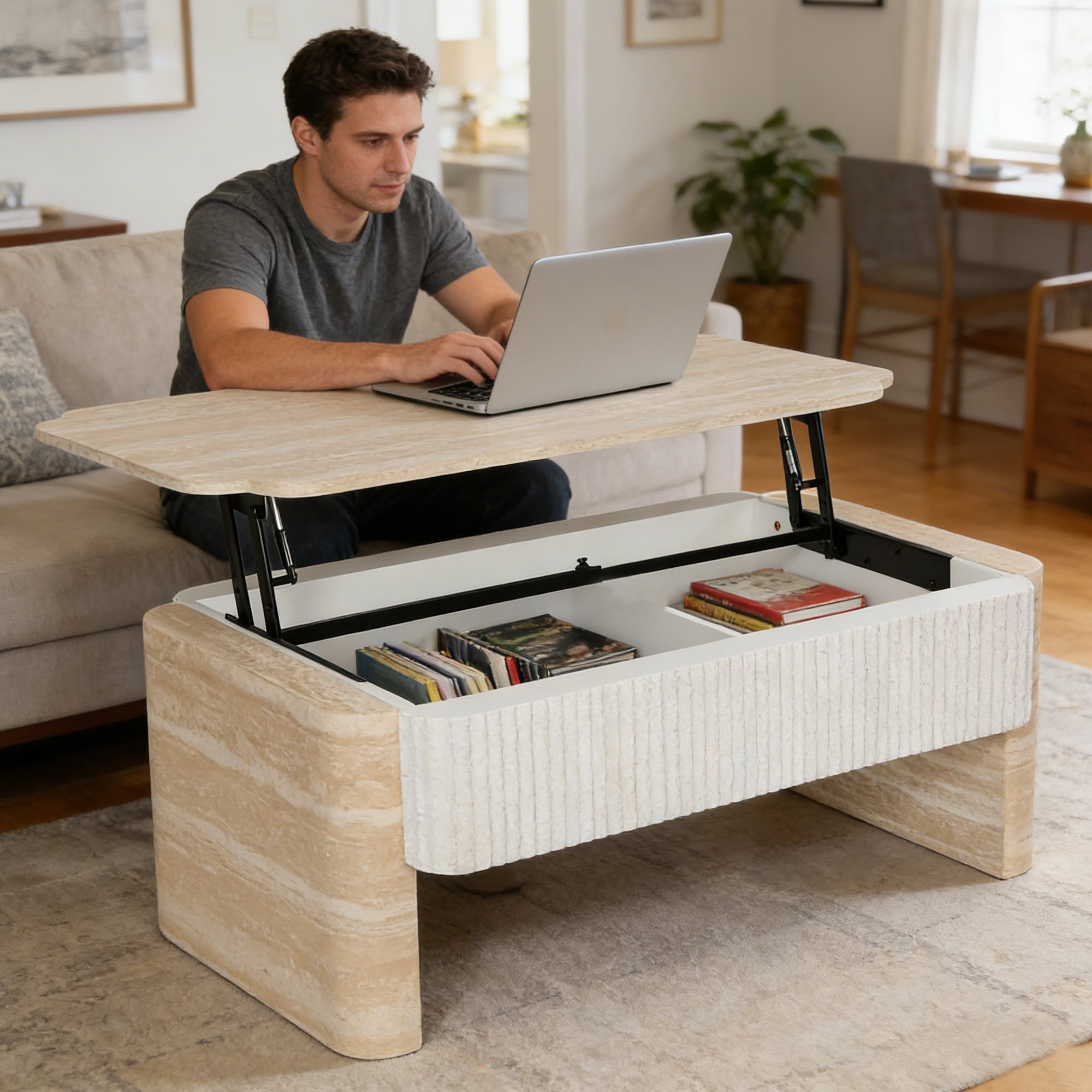 GDFStudio - Modern Lift-Top Extendable Coffee Table with Hidden Storage and Fluted Design