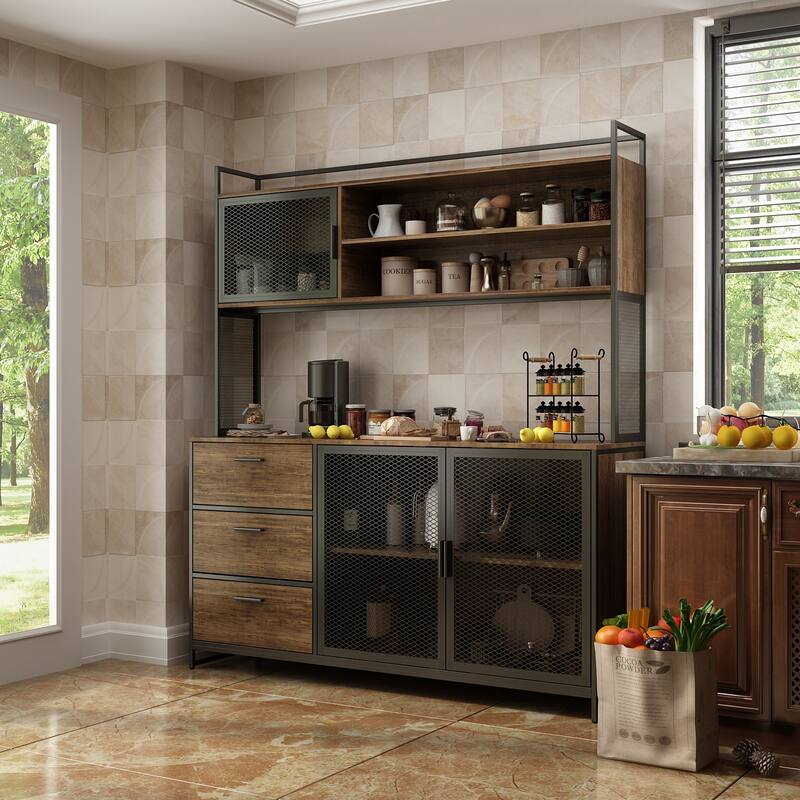 Large Buffet with Hutch,Kitchen Pantry Cupboard Sideboard - 59" - DarkBrown