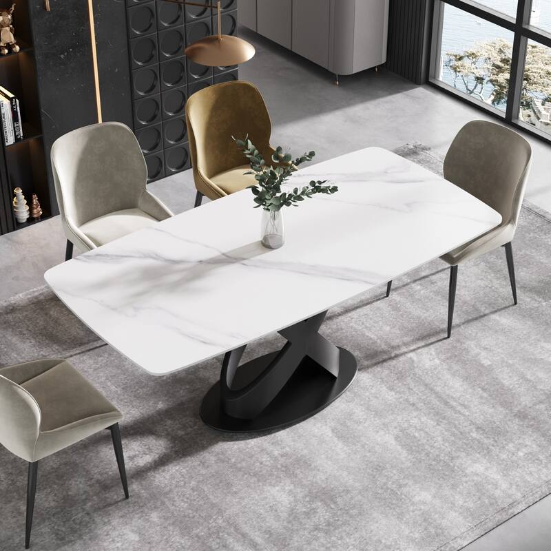 71" Rectangular Dining Table,Sintered Stone Tabletop Carbon Steel Legs - White&Black