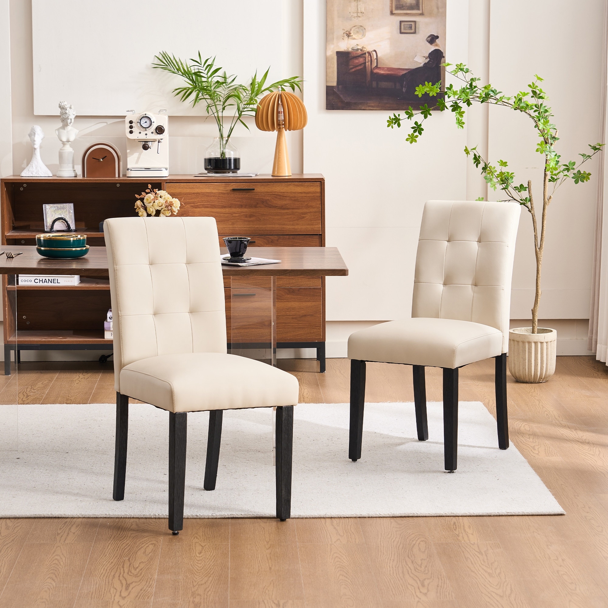 Set of 2 Modern Faux Leather Tufted Upholstered Dining Chairs with Wood Legs - 17.5"W x 23"D x 36.5"H