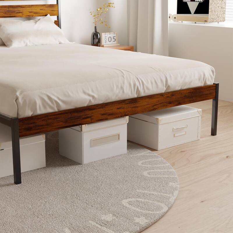 Rustic Queen Size Metal Platform Bed Frame with Wood Headboard & Footboard, Brown Finish