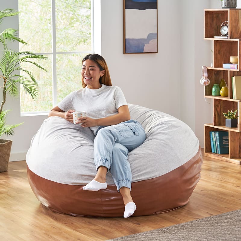 Ohnstad Modern 5 Foot Two Toned Fabric and Faux Leather Bean Bag by Christopher Knight Home - Beige + Coffee Brown