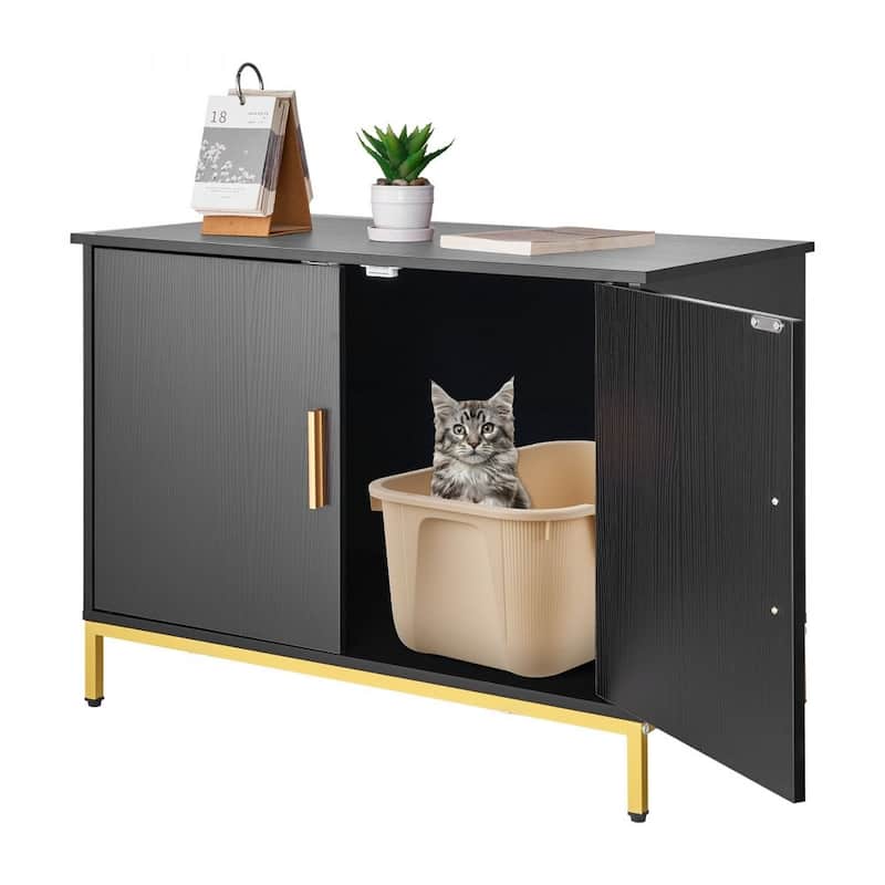 Black Cat Litter Box Cabinet with Enclosed Odor-Blocking Design Spacious Interior and Metal Legs - 27.56 x 17.72 x 21.46 in