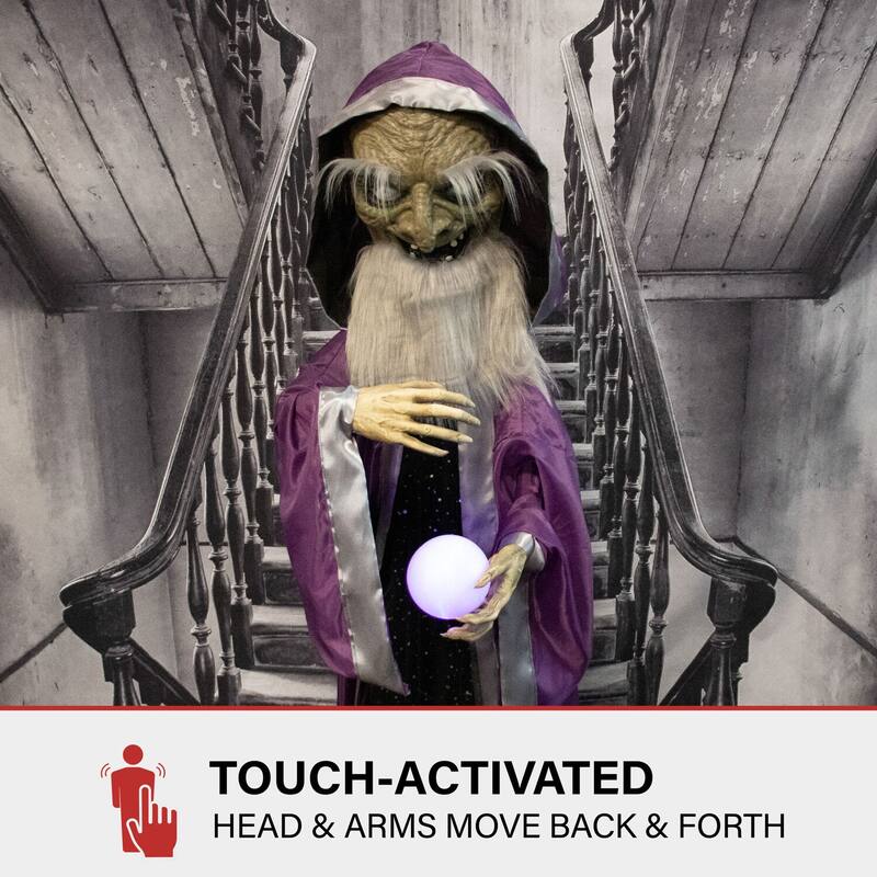 Haunted Hill Farm The Great Zoltan Animatronic Talking Wizard with Movement and Light-Up Crystal Ball for Halloween Decoration